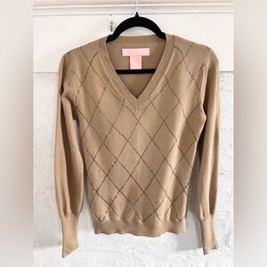Stussy Vintage Y2K V Neck Sweater Tan with Gold Glitter Diamond Wool Blend